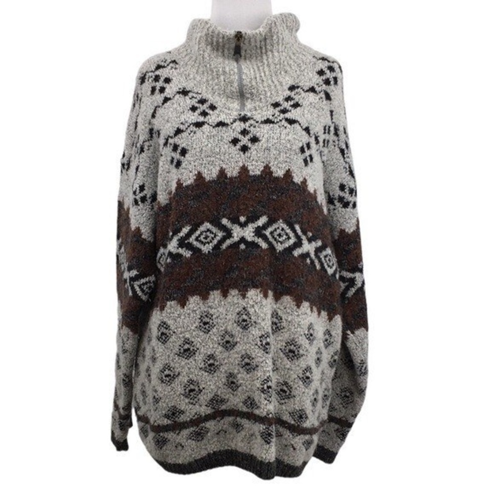 Vogue Sweater Womens Large Gray Brown Argyle Knit Pullover Quarter Zip Western